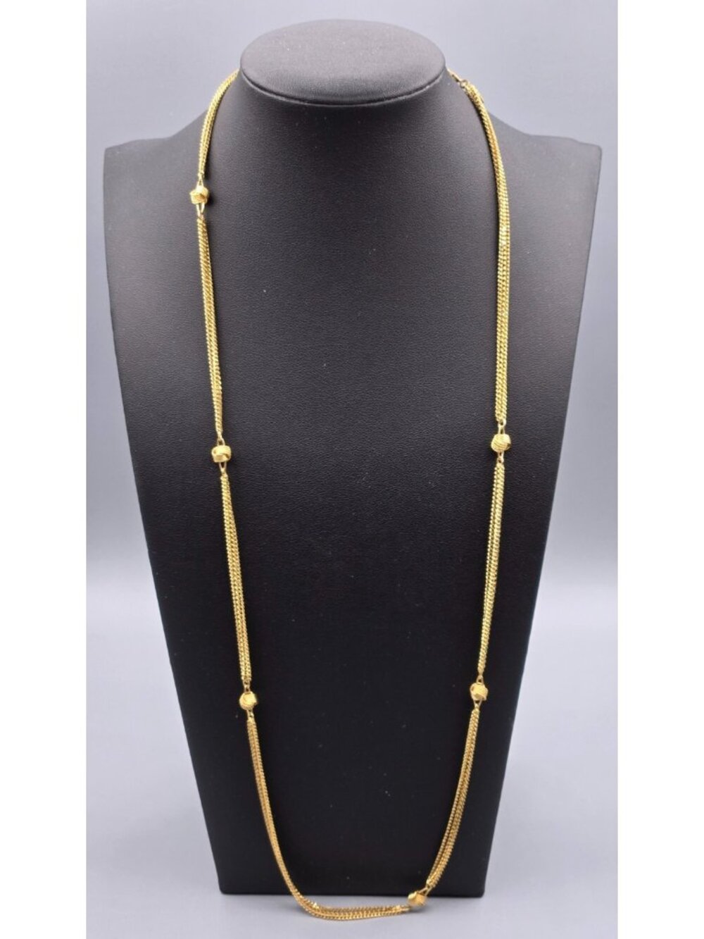 Vintage Monet Gold Tone Triple Chain Knotted Gold Tone Beads Station Necklace